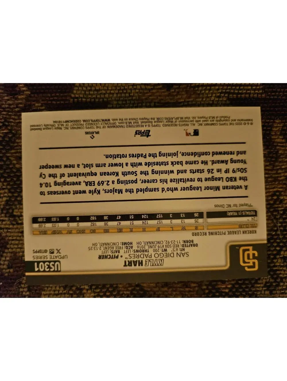 2025 Topps Update - Kyle Hart - RC #US301 - Padres - RAW Mint - Rookie